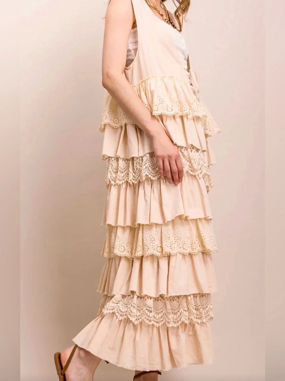 Boho Tiered Lace Vest Duster — Cream